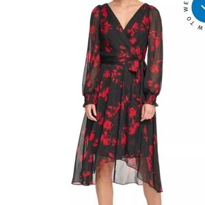 DKNY Long Sleeve Dress with Red Floral Pattern
